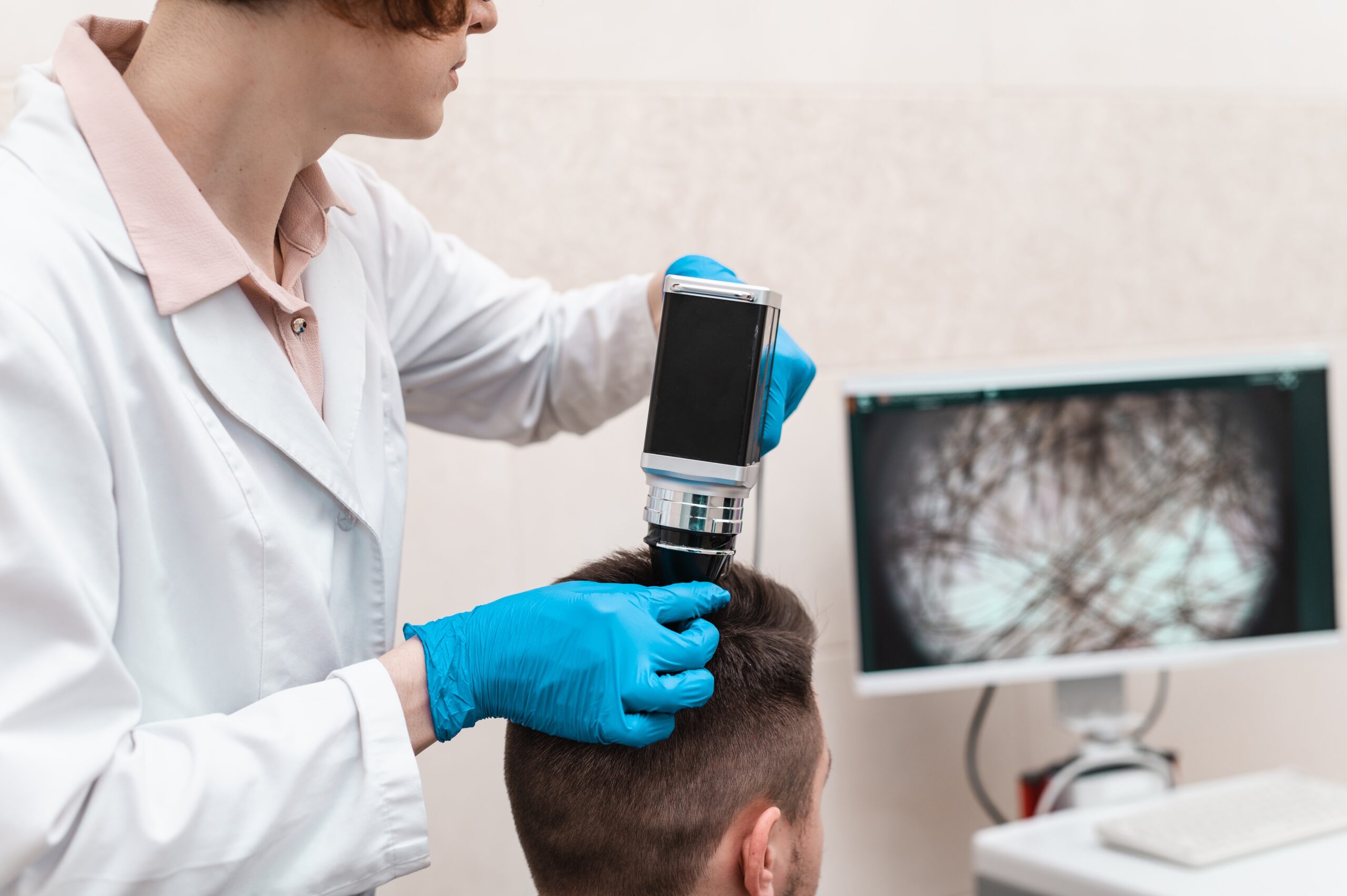 A medical professional examines a patient's scalp with a dermatoscope, while a monitor displays hair follicle details for diagnosis.