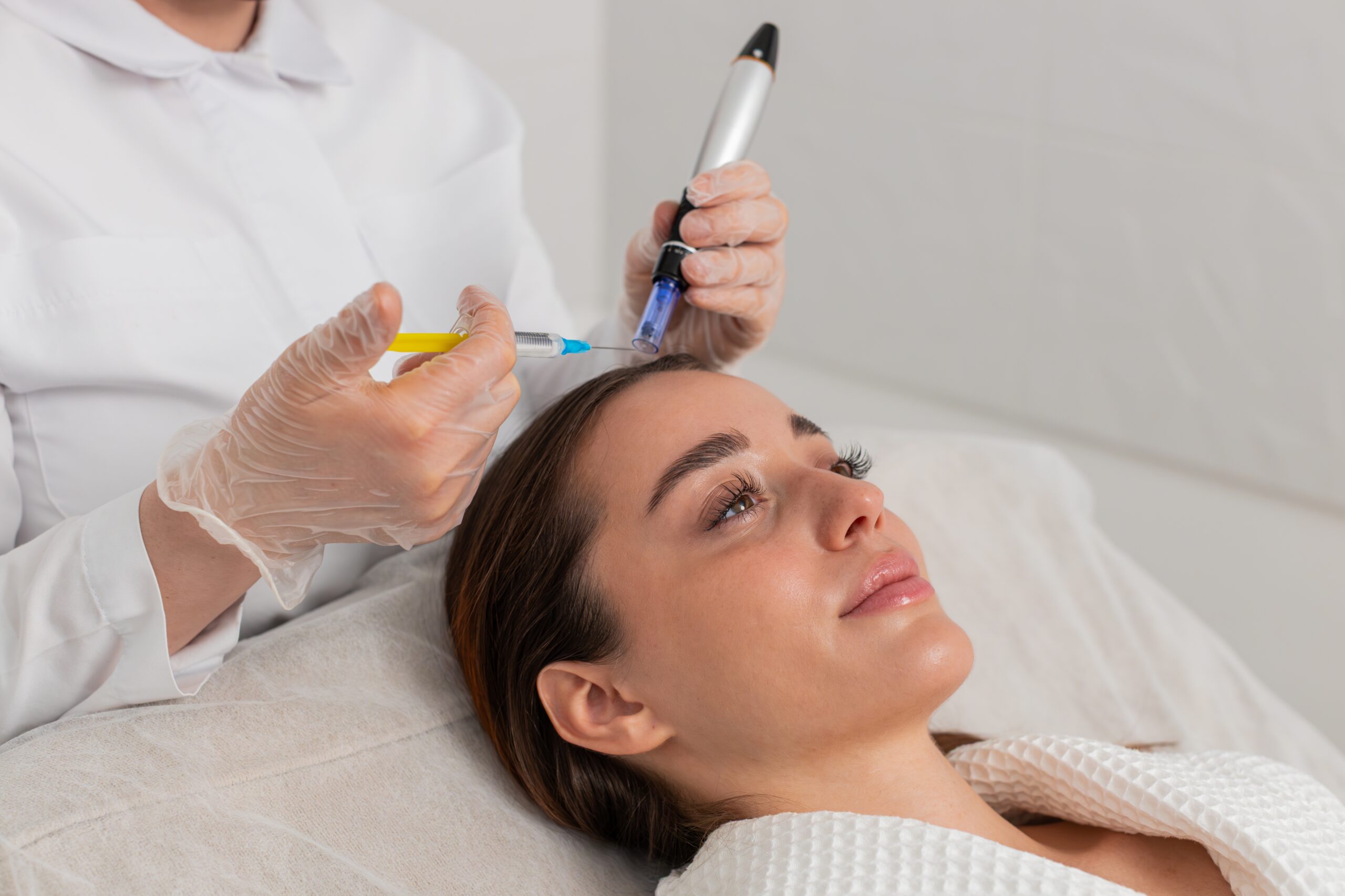 A woman receiving a facial treatment lies on a bed while a professional applies a needle and a pen-like device to her forehead.